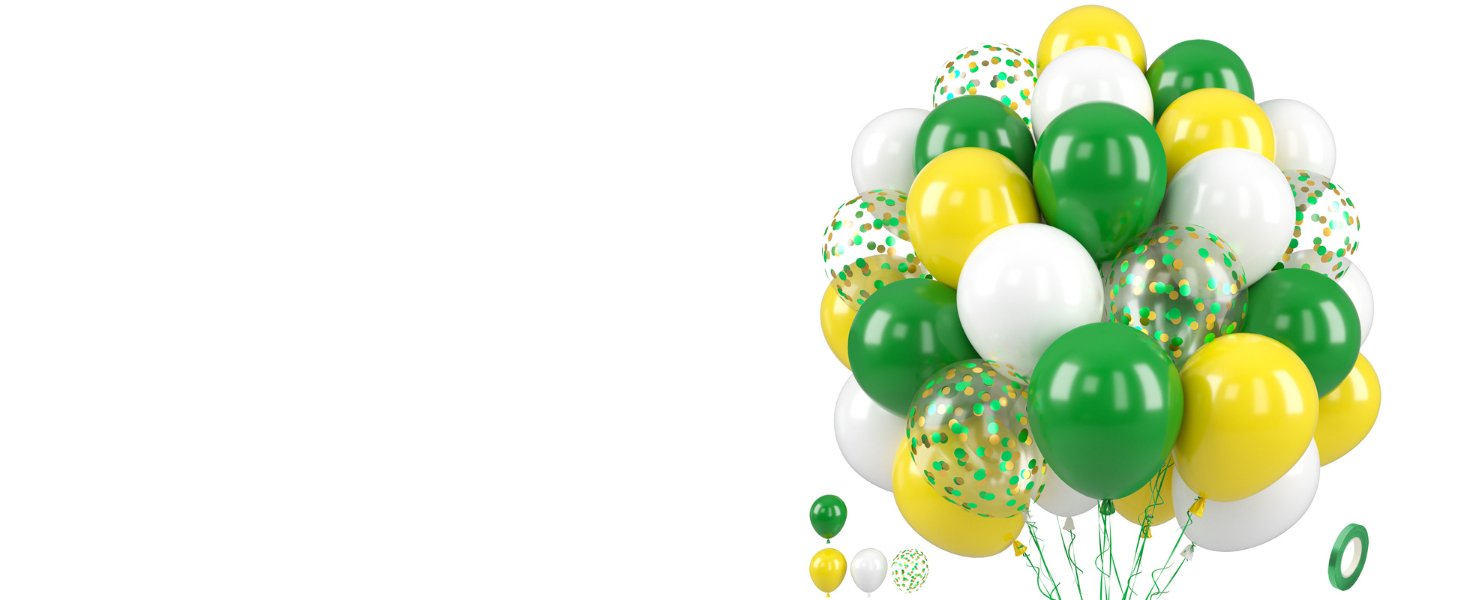 Bunch of green, yellow, and white latex balloons with gold confetti, on a white background.