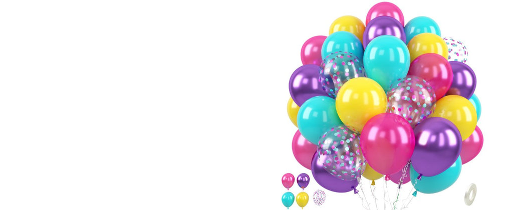 Bunch of colorful latex balloons in purple, teal, yellow, and pink, some with confetti, on a white background.