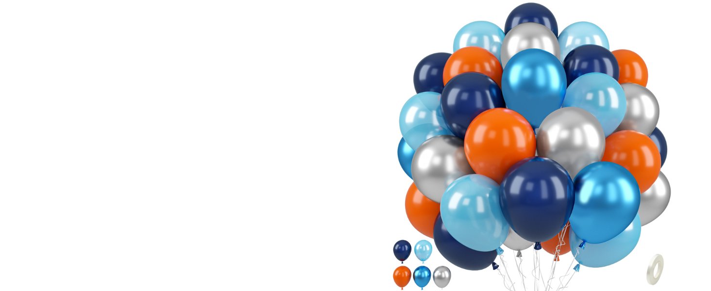 Cluster of 12-inch latex balloons in sage green, gold, navy blue, and light blue, with a roll of balloon tape.