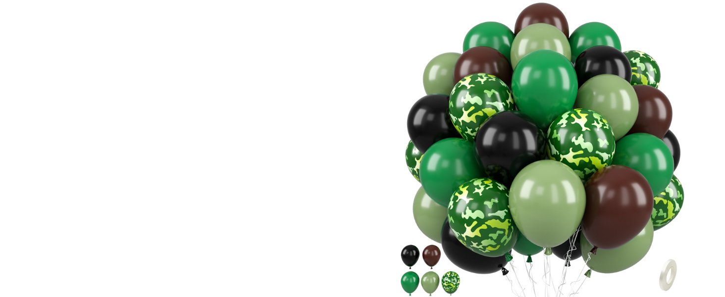Cluster of 12-inch latex balloons in sage green, camouflage, black, and brown, with a roll of balloon tape.