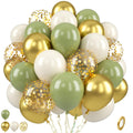 Bunch of sage green, gold, and cream latex balloons with gold confetti, on white background.