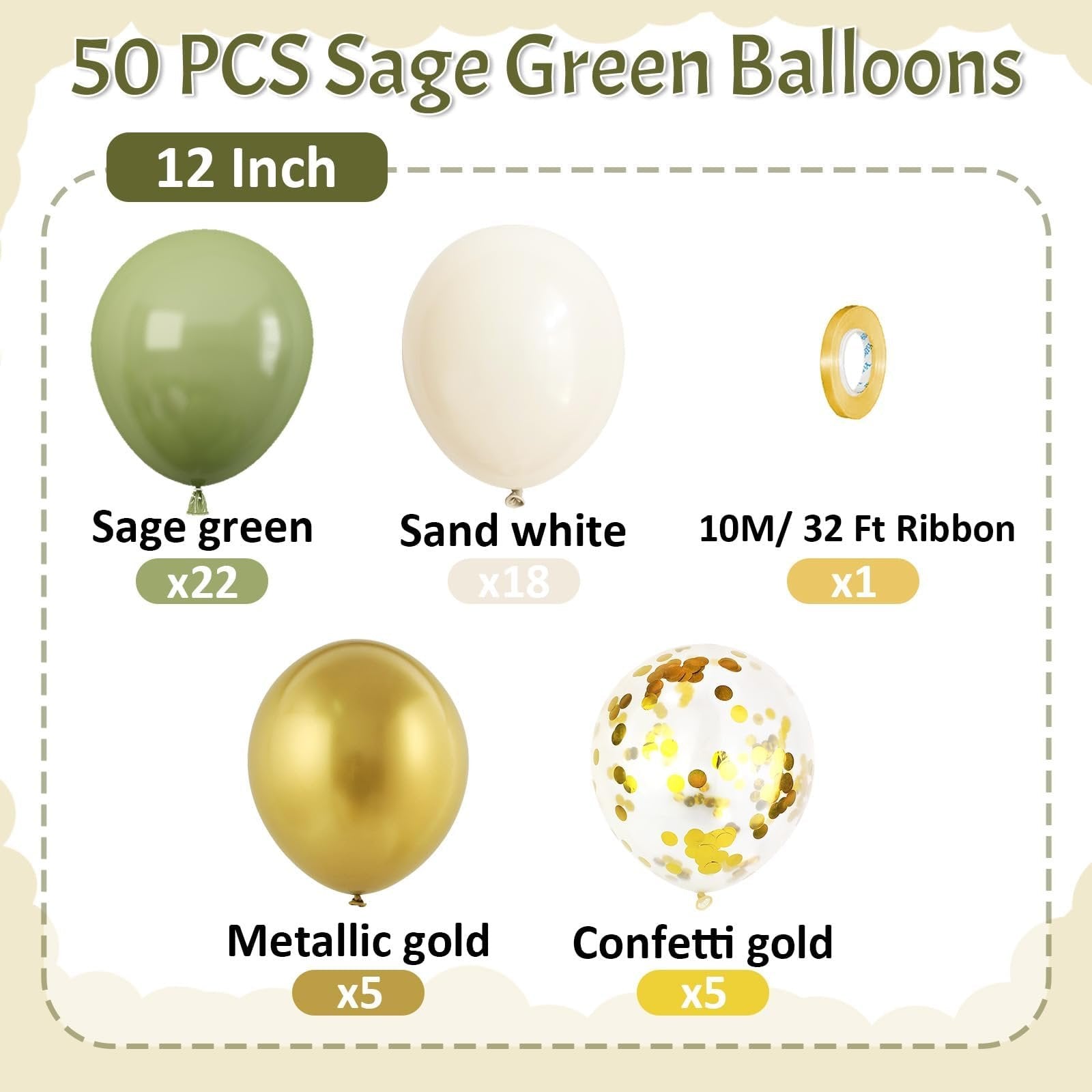 Set of 50 balloons in sage green, sand white, metallic gold, and confetti gold, with ribbon and tape.