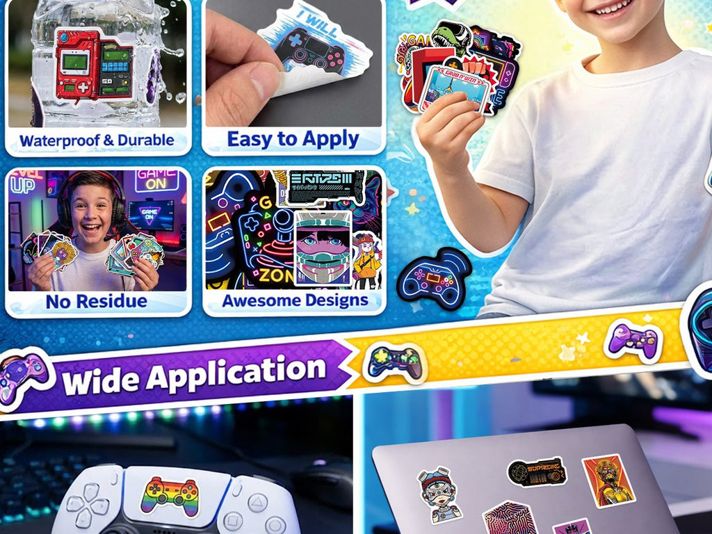 Collage of video game vinyl stickers applied to various items and held by children.