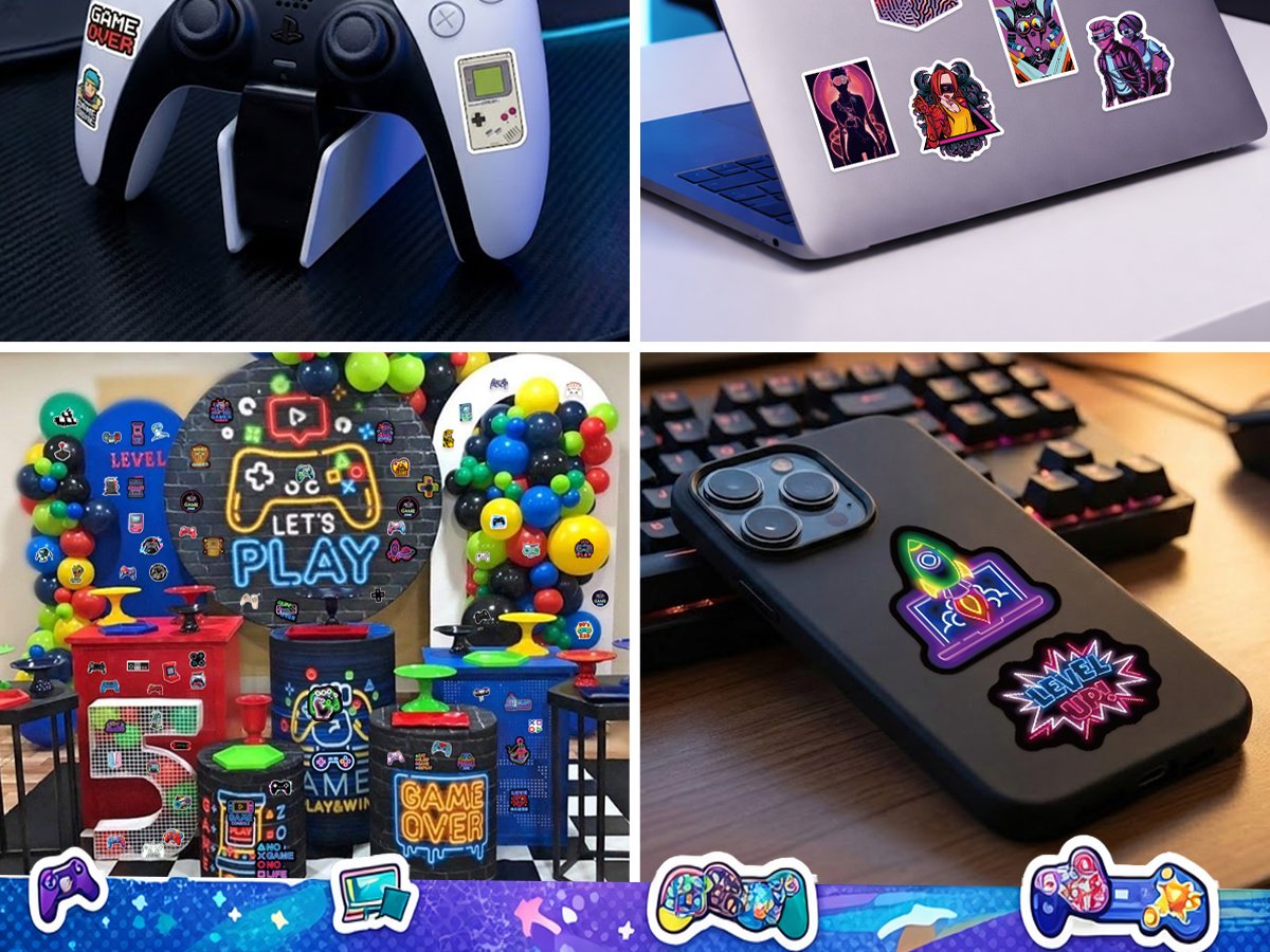 Video game stickers applied to a game controller, laptop, phone, and party decorations.