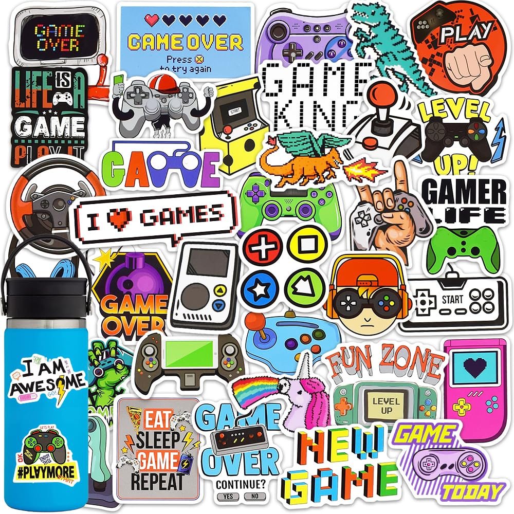 Collection of video game themed vinyl stickers and a blue water bottle with gaming stickers on it.