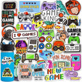 Collection of video game themed vinyl stickers and a blue water bottle with gaming stickers on it.