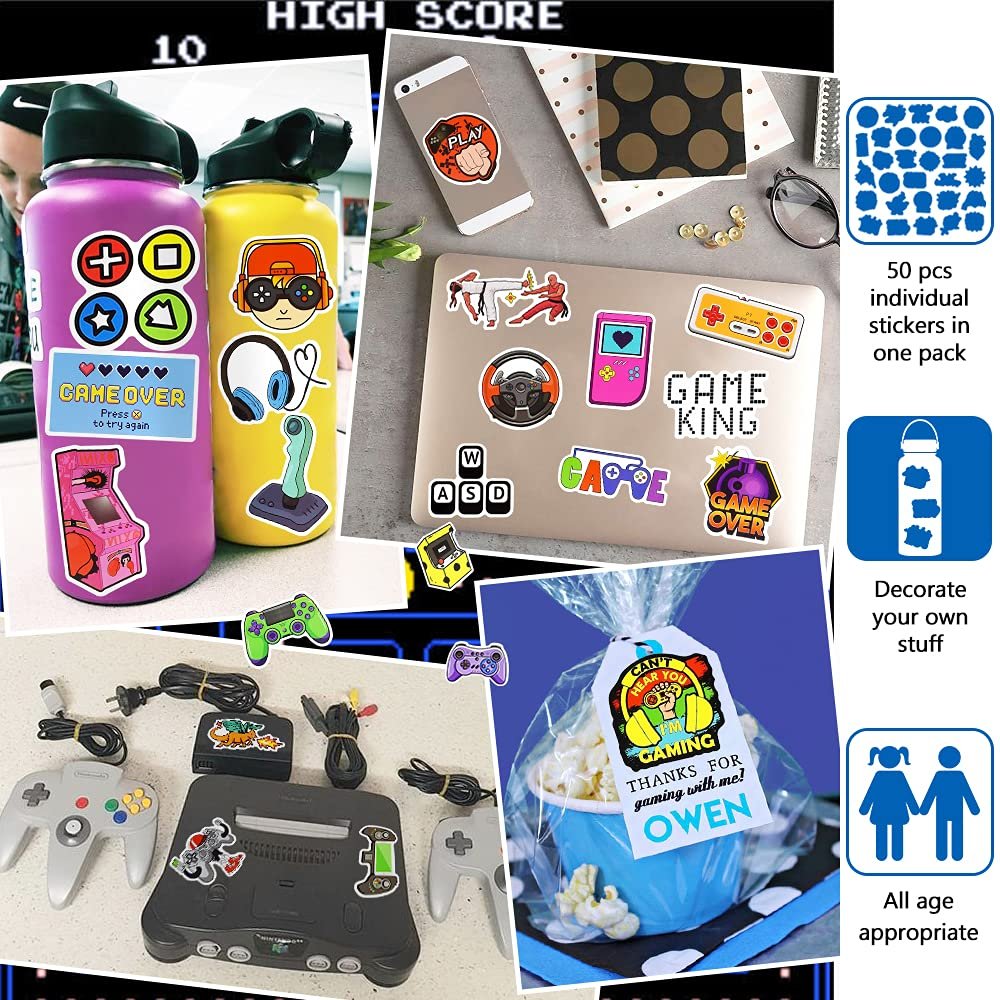Collage of video game themed stickers applied to water bottles, laptop, and gaming console. Includes gaming controllers and a gift bag of popcorn.
