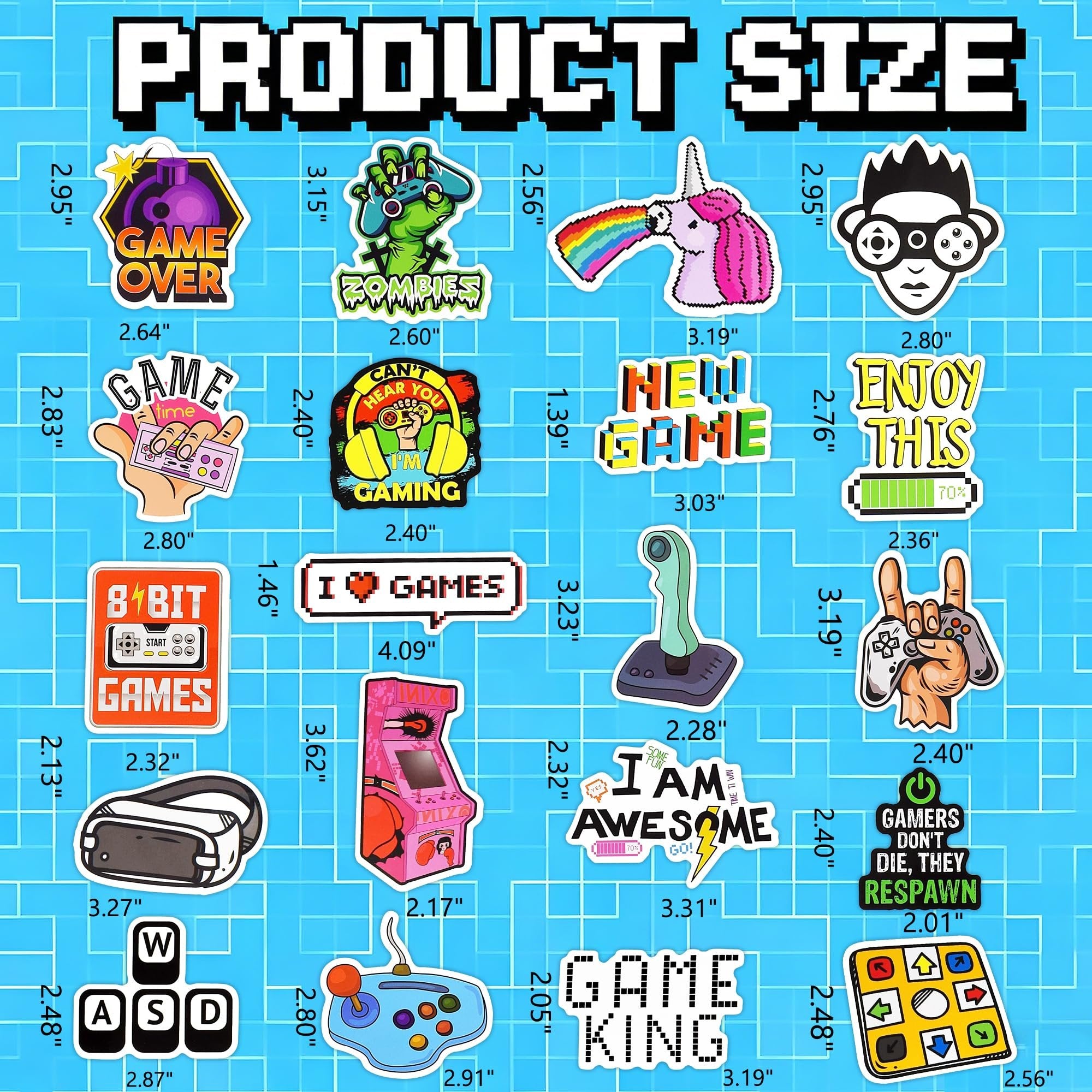 Various video game themed stickers with dimensions displayed, including 'Game Over', zombie gamer, unicorn, and controller designs.