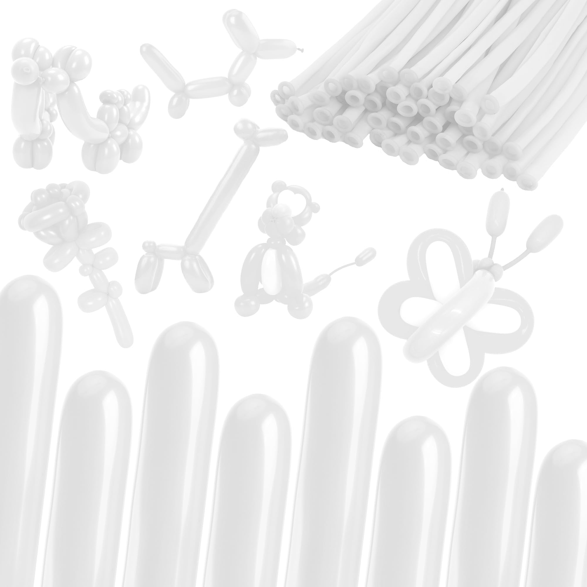 White twisting balloons shaped into animals and a butterfly, with a bundle of uninflated balloons in the background.