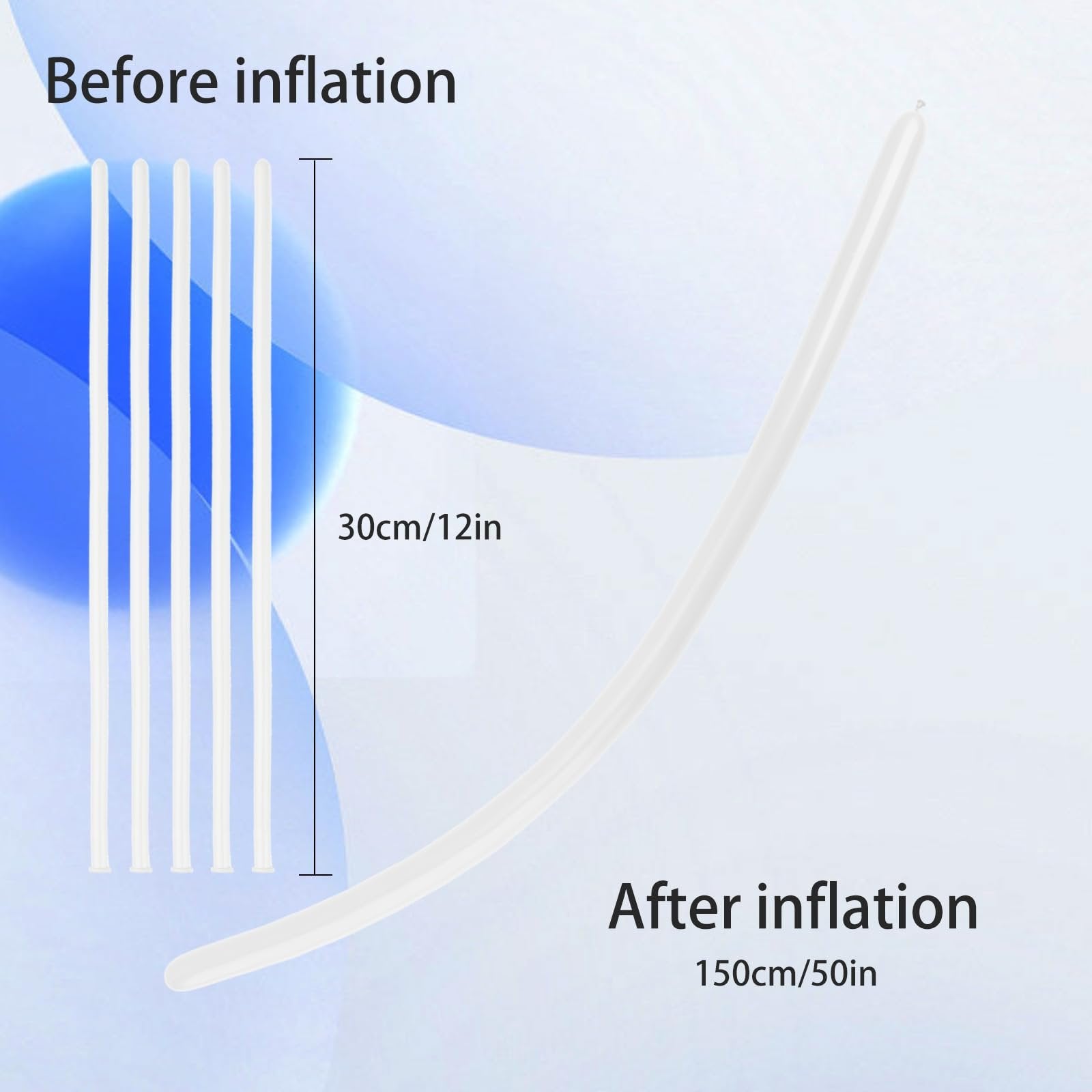 White twisting balloons shown before and after inflation, with size dimensions indicated.