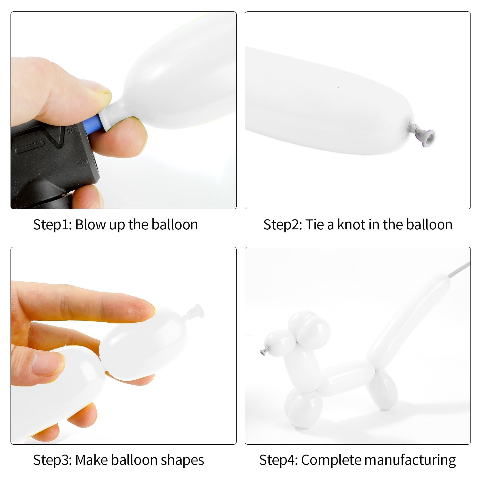 Collage showing four steps of making balloon animals: inflating a balloon, tying a knot, twisting balloons, and a finished balloon dog.