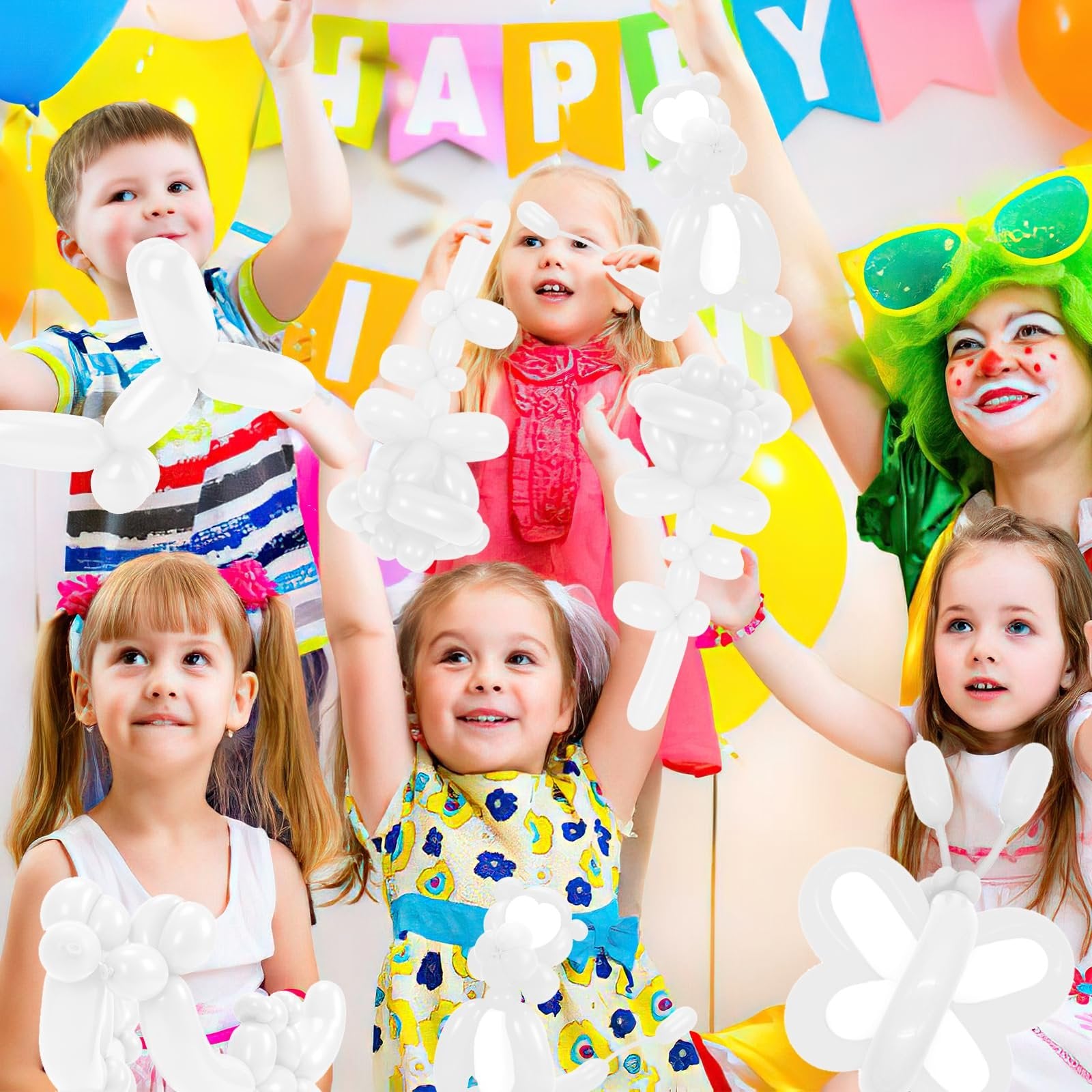 Children and a clown celebrating with white twisting balloons shaped like animals and a butterfly.