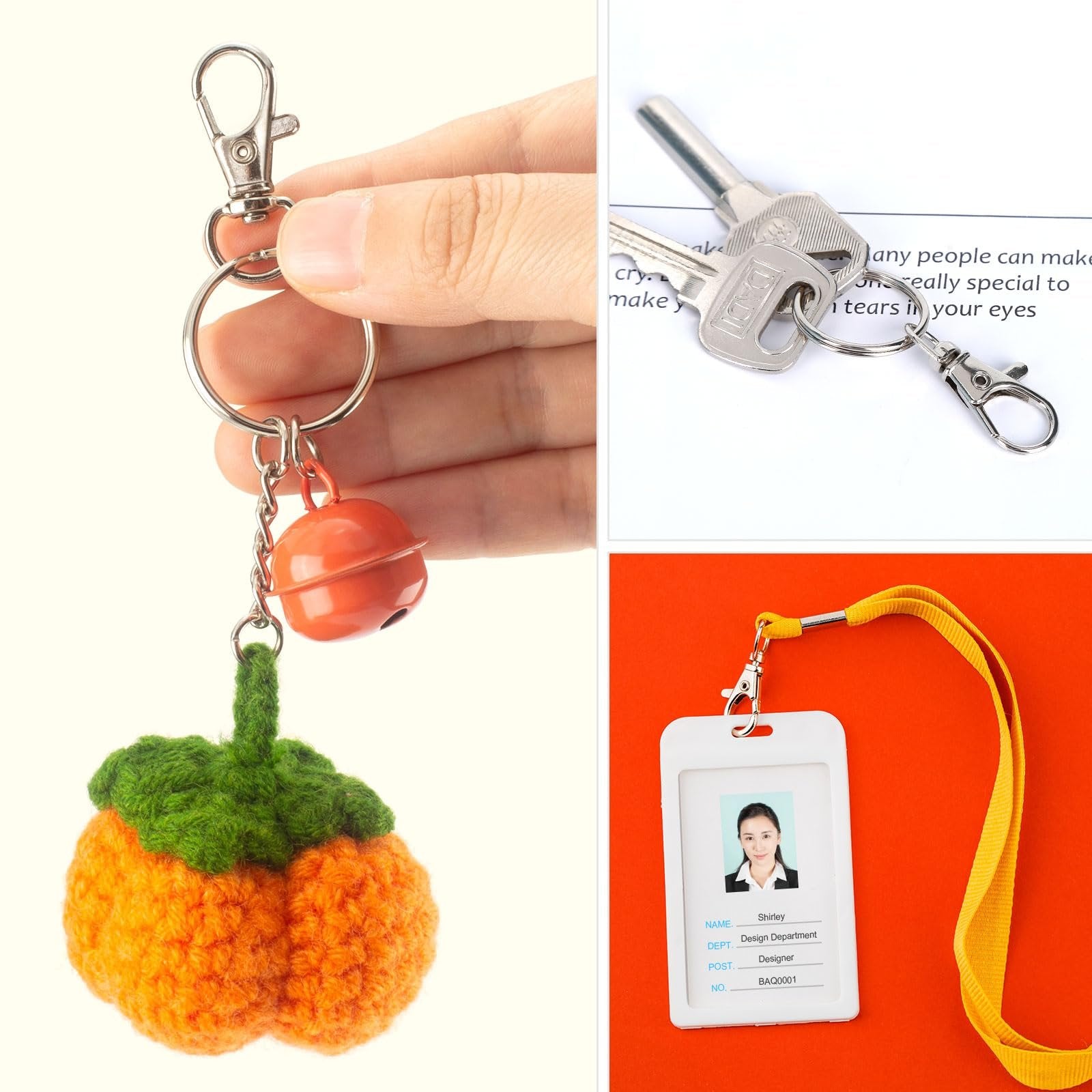 Hand holding a keychain with a knitted pumpkin charm and a bell; keys on a ring with a swivel clasp; and a white ID badge holder with a yellow lanyard.