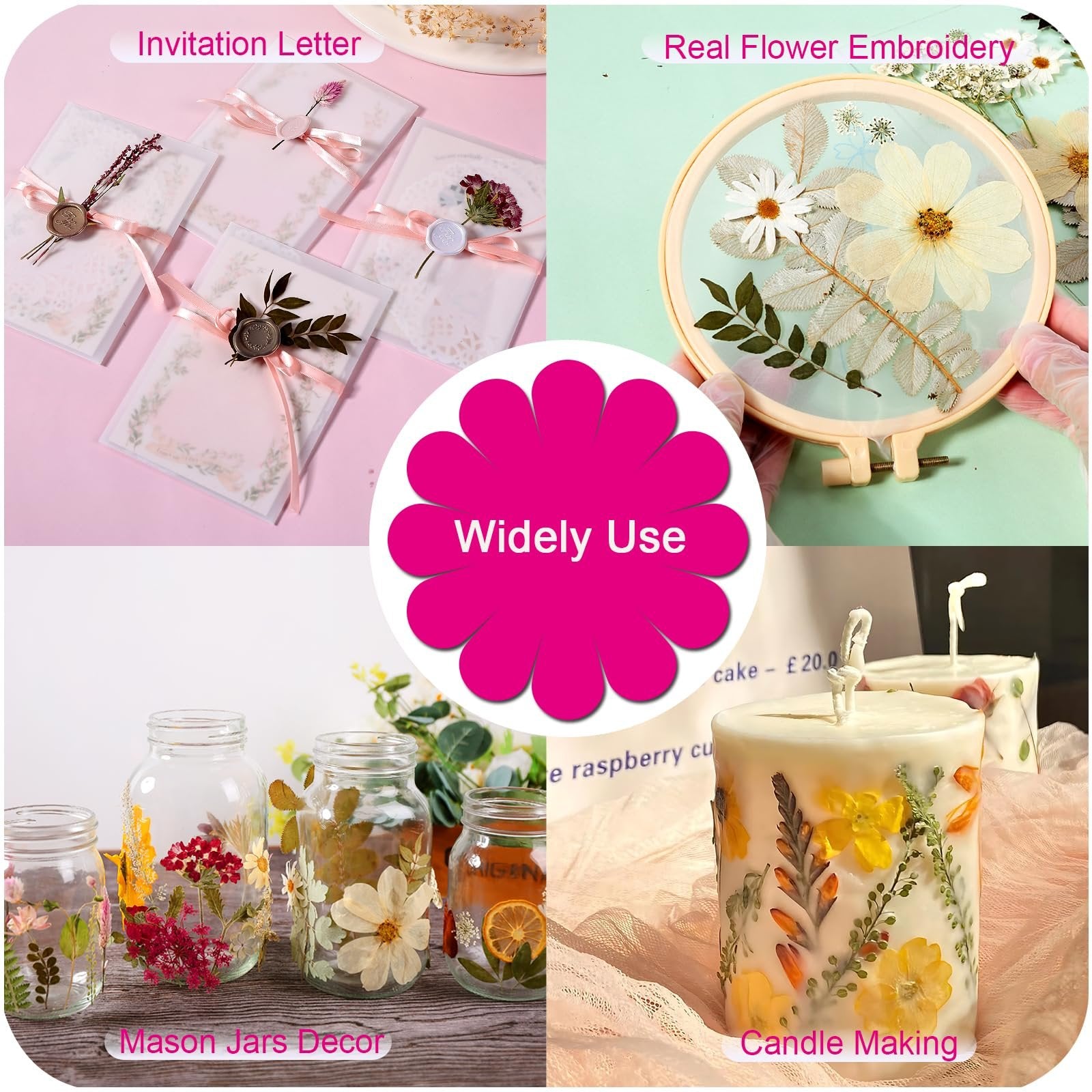 Collage of dried pressed leaves used for crafts: invitation letters, embroidery hoop, decorated mason jars, and candles.