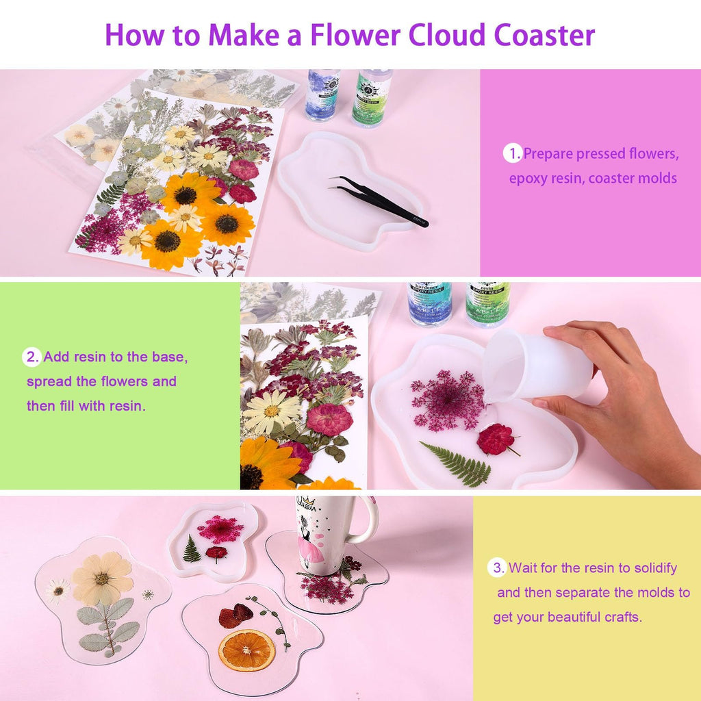 Collage showing steps to make flower cloud coasters with pressed flowers and resin.