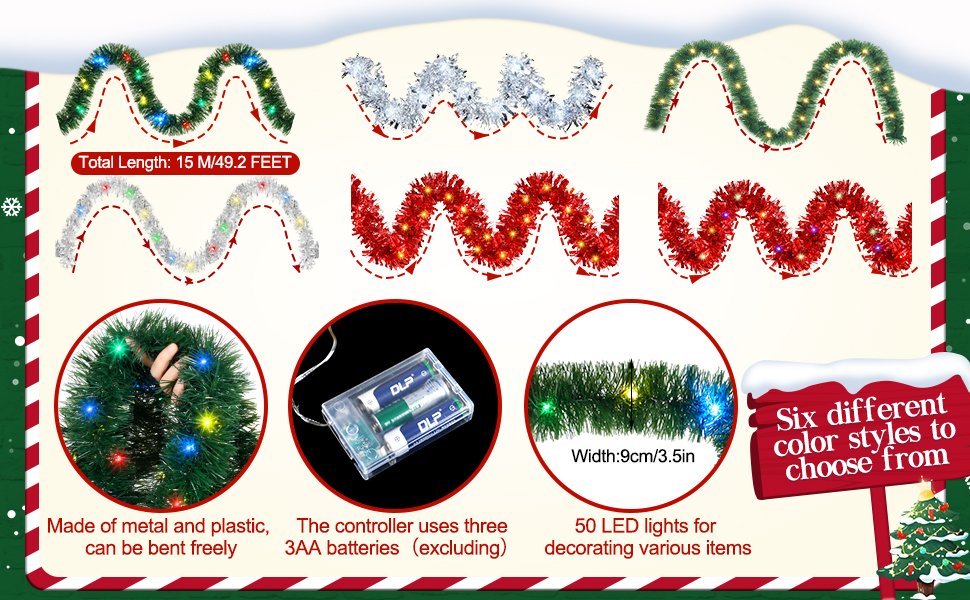 Christmas tinsel garland with LED lights in various colors and styles, showing length, battery controller, and width.