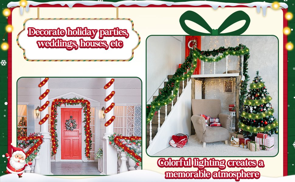 Christmas tinsel garland with LED lights decorating a house exterior and interior staircase with a Christmas tree.