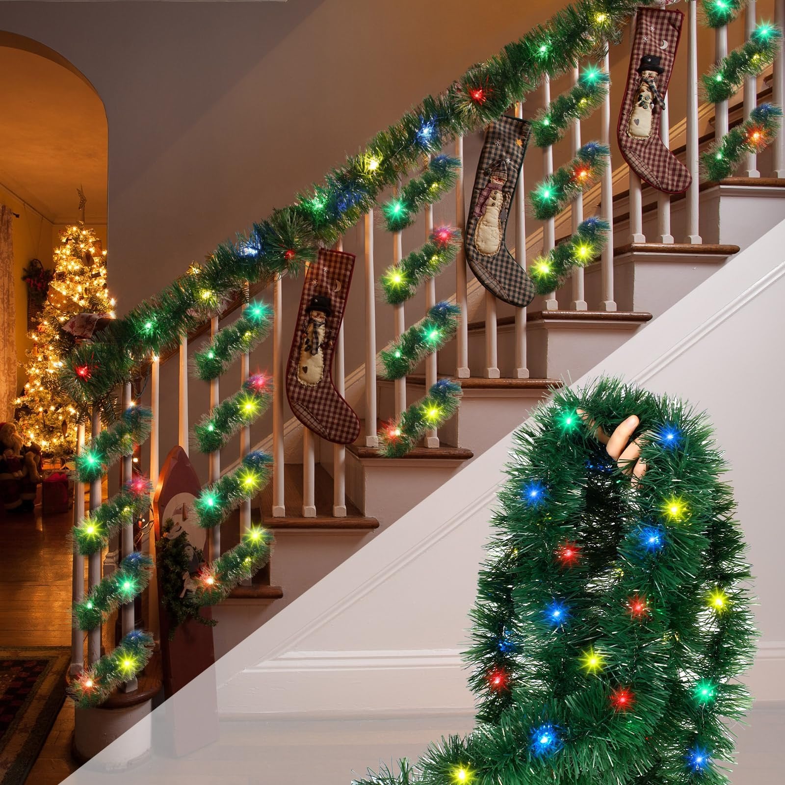 Green Christmas tinsel garland with colorful LED lights draped on a staircase with stockings