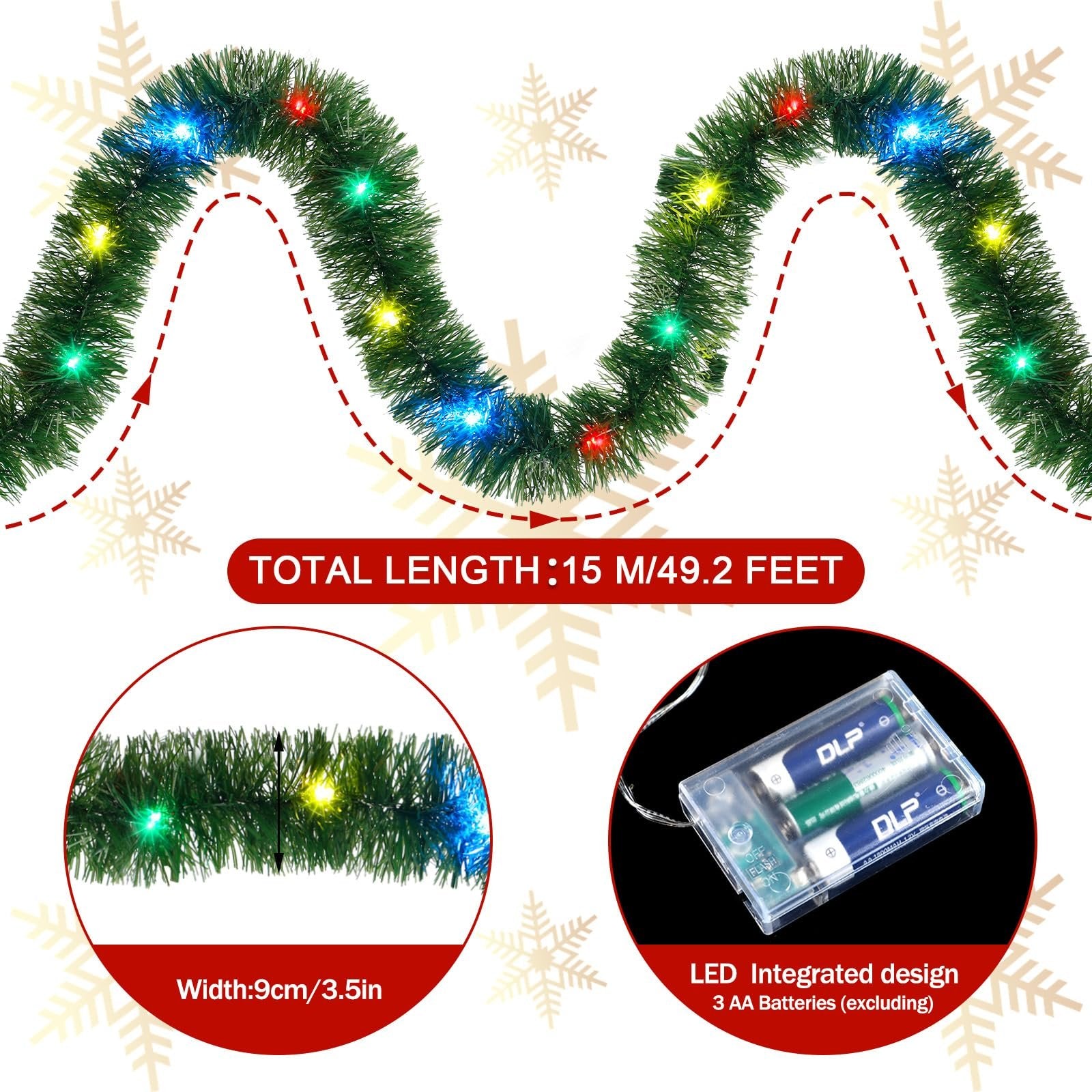 Green Christmas tinsel garland with multi-colored LED lights, shown with length and width callouts and battery pack detail.