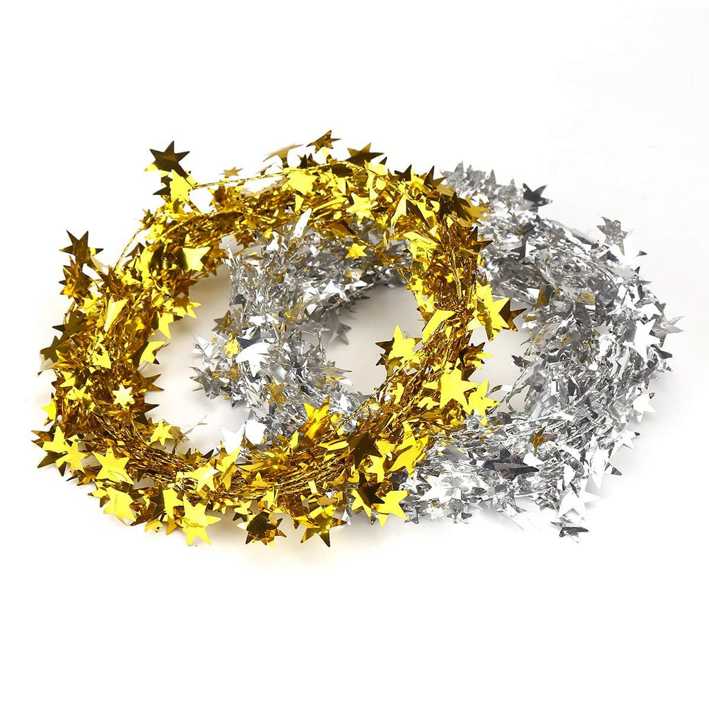 Two tangled strands of star tinsel garland, one gold and one silver, on a white background.