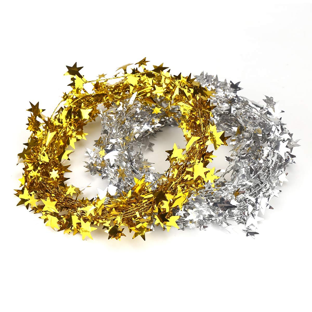 Two tangled strands of star tinsel garland, one gold and one silver, on a white background.