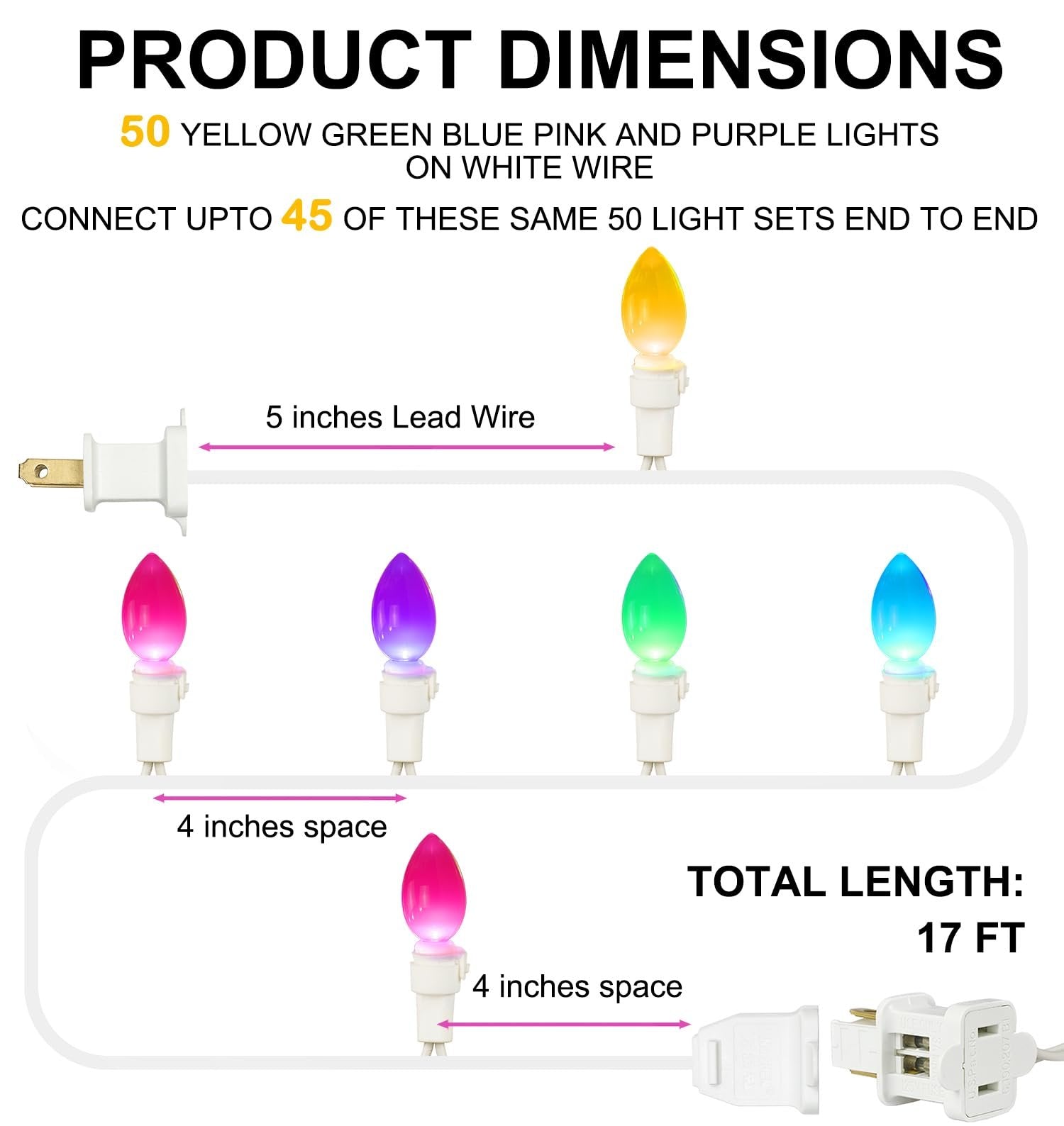 Diagram showing dimensions of multicolor string lights with 50 bulbs on white wire.