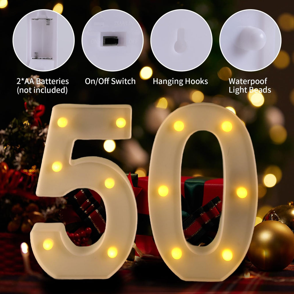 LED marquee numbers 5 and 0 with yellow lights, showing battery compartment, switch, and hooks.