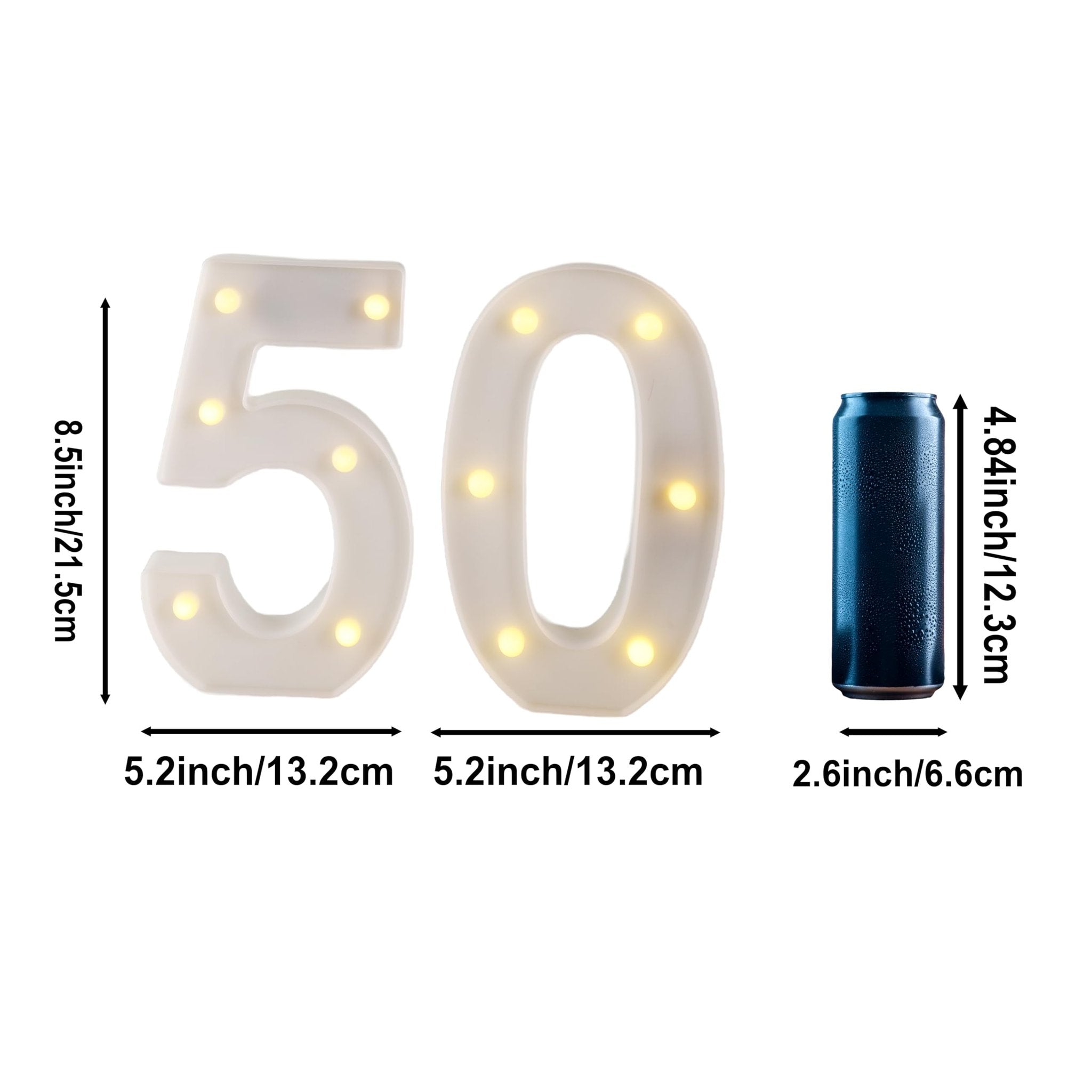 LED marquee numbers 5 and 0 with a soda can for size comparison, showing dimensions in inches and centimeters.