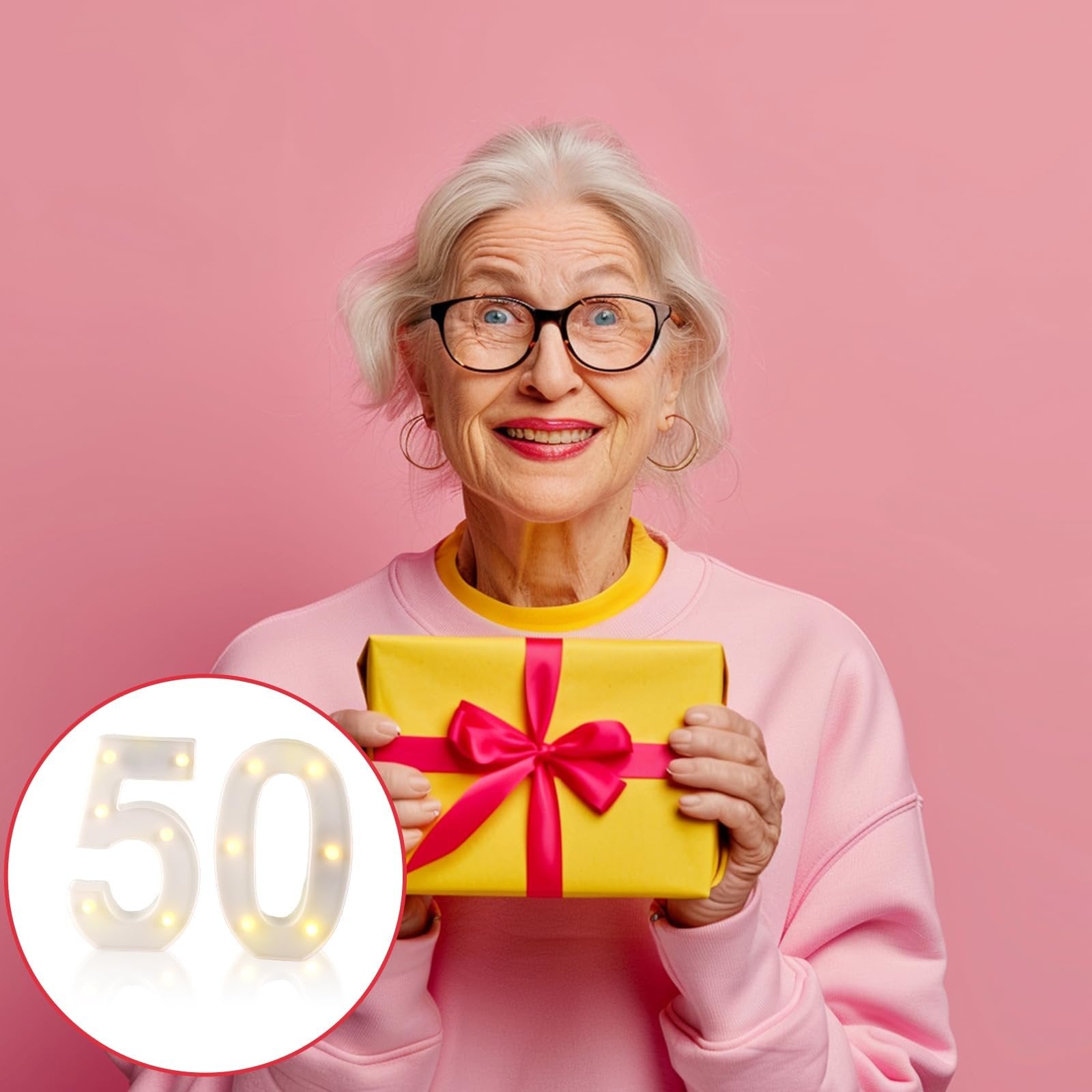 Elderly woman holding a gift box with LED number lights '50' in foreground