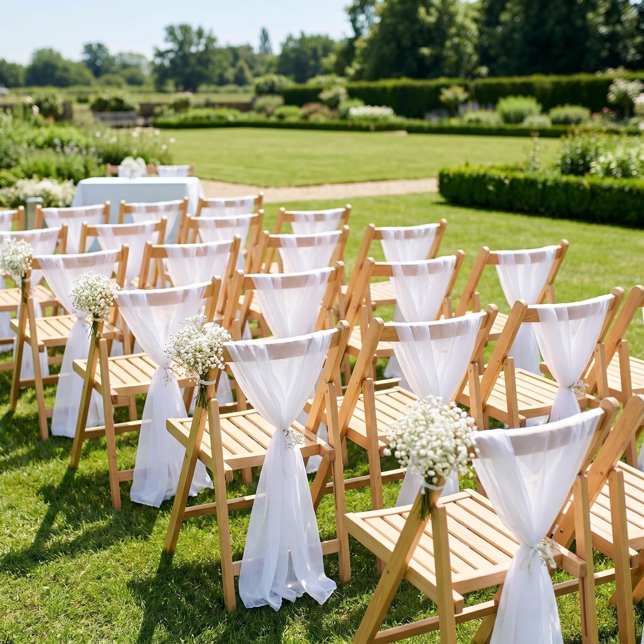 Outdoor wedding ceremony setup with rows of wooden chairs decorated with white fabric and baby's breath flowers on a sunny day.