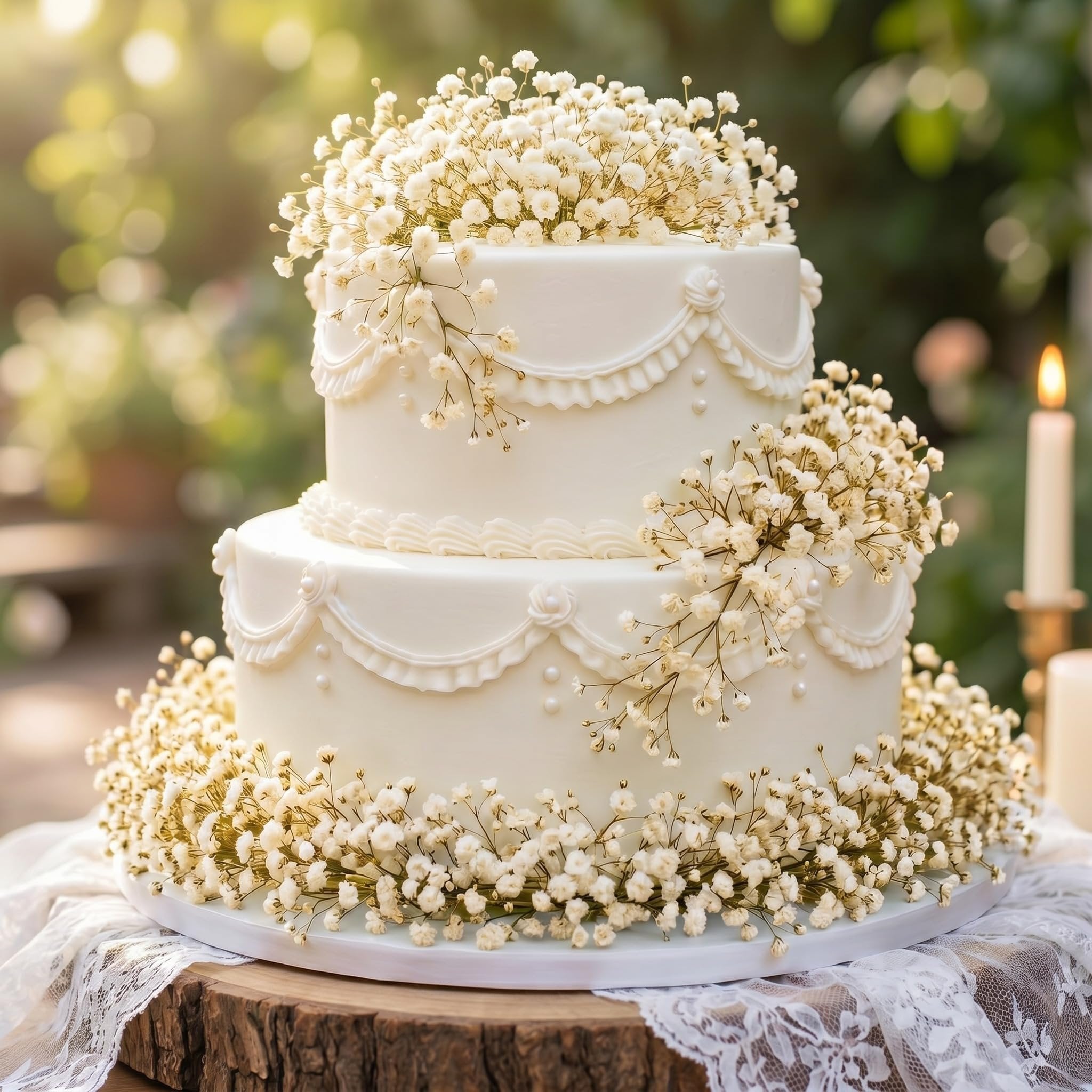 Two-tier white cake decorated with ivory dried baby's breath flowers, set outdoors with a candle in the background.