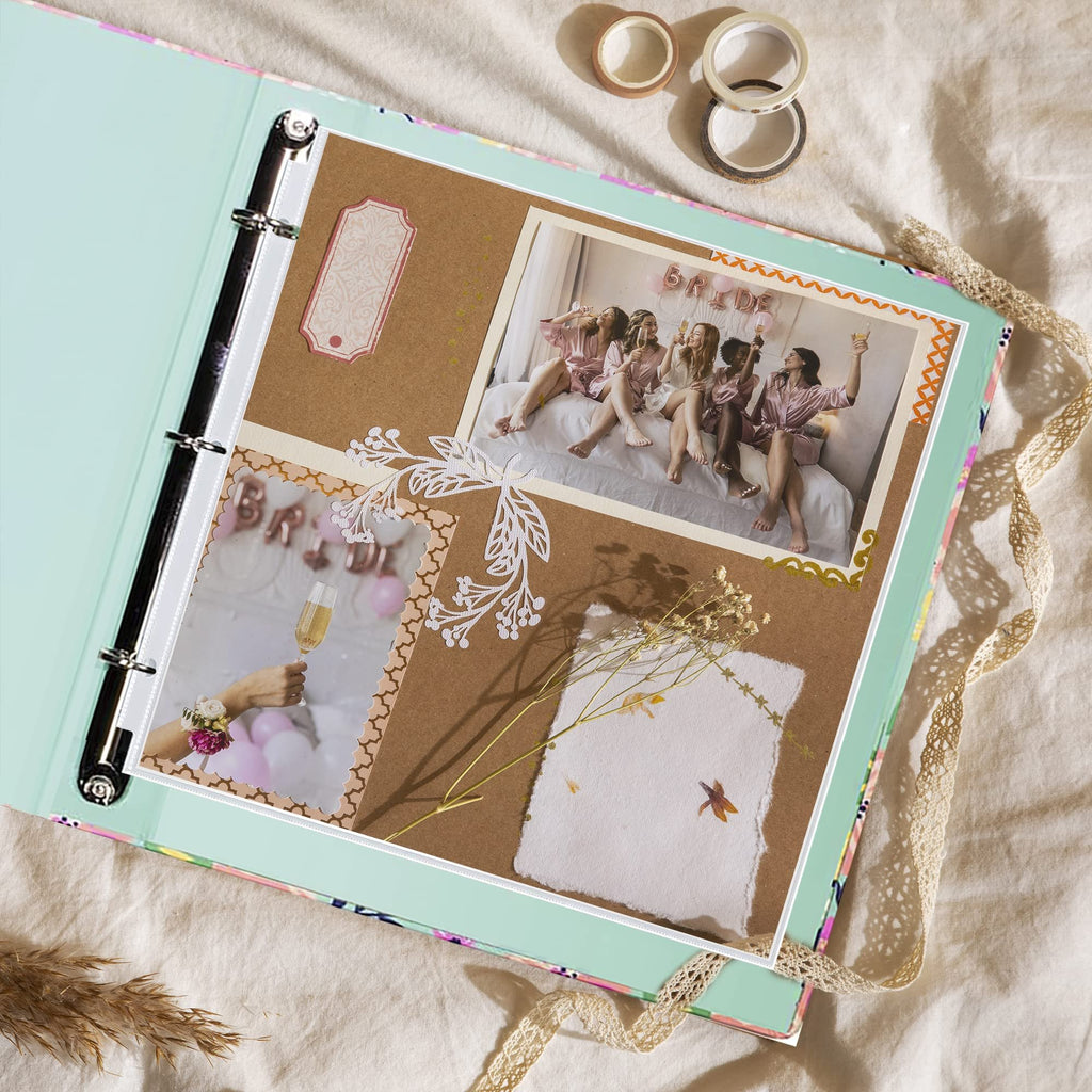 Scrapbook album open to pages with photos of a bridal party and decorative elements.