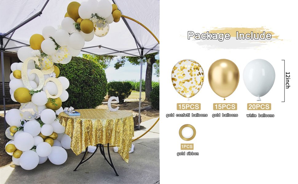 Balloon arch with white, gold, and confetti balloons, decorated with a '60' numeral and flowers, set up outdoors next to a table with a gold sequin tablecloth.