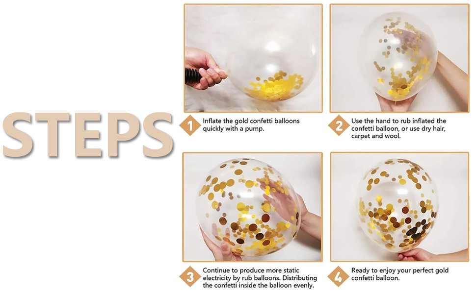 Four steps showing how to inflate and prepare gold confetti balloons for parties.