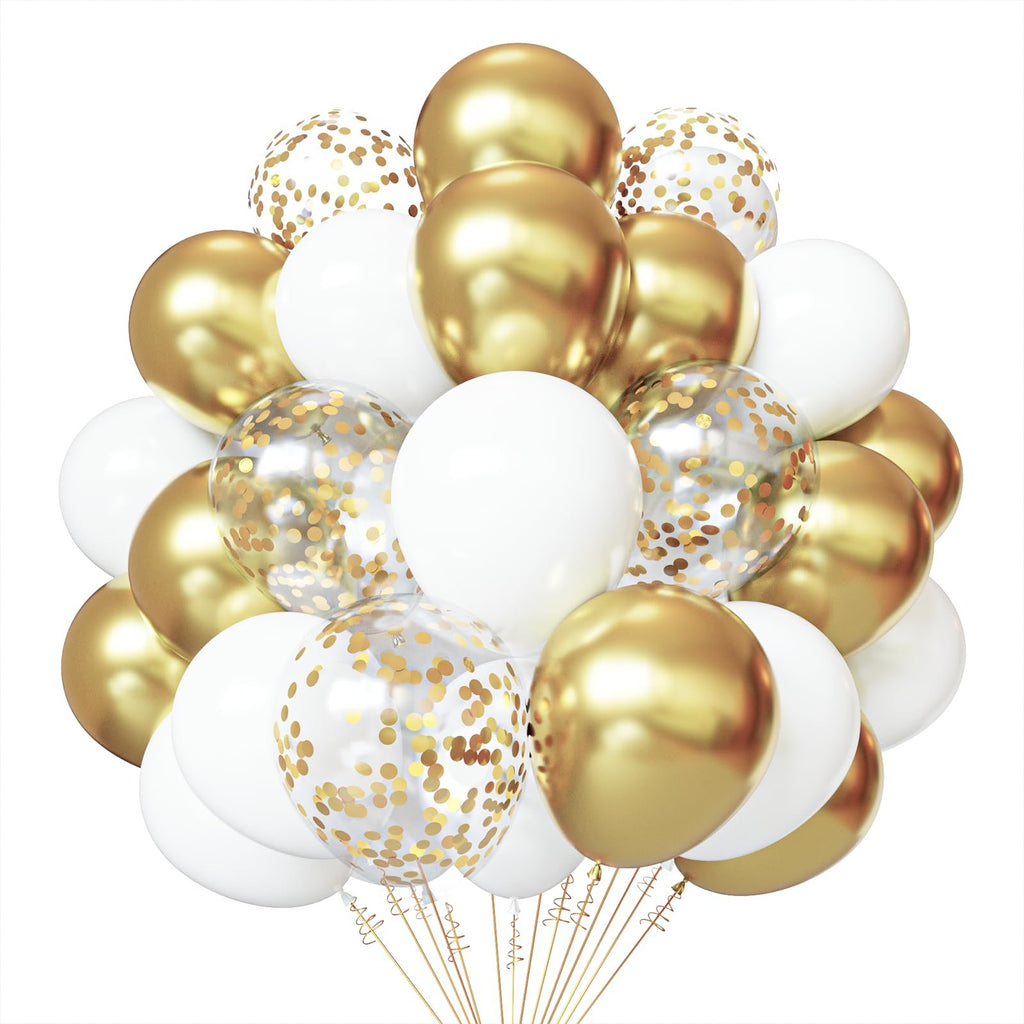 Cluster of white, gold, and gold confetti latex balloons with gold ribbon strings