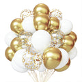 Cluster of white, gold, and gold confetti latex balloons with gold ribbon strings