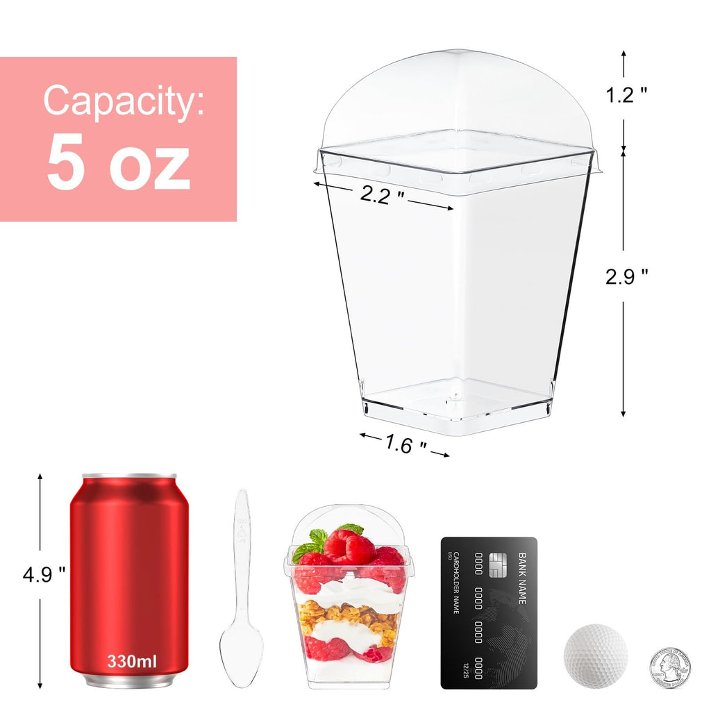 Clear plastic dessert cups with lids and spoons, shown with a soda can, dessert parfait, credit card, golf ball, and quarter for scale.