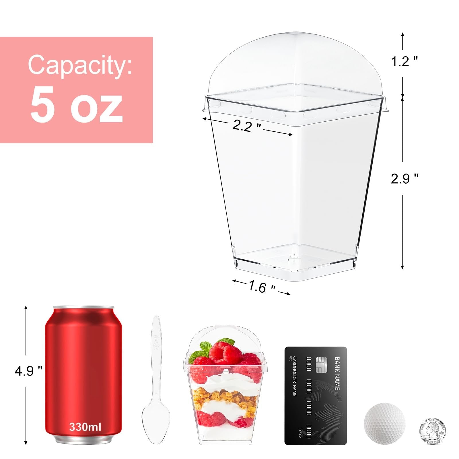 Clear plastic dessert cups with lids and spoons, shown with a soda can, dessert parfait, credit card, golf ball, and quarter for scale.