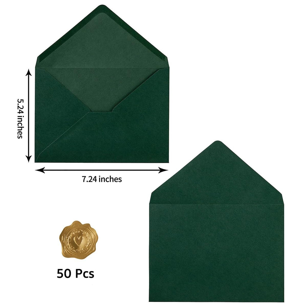 Two dark green A7 envelopes shown, one open with dimensions labeled, and one closed. A gold sticker and '50 Pcs' text are also visible.