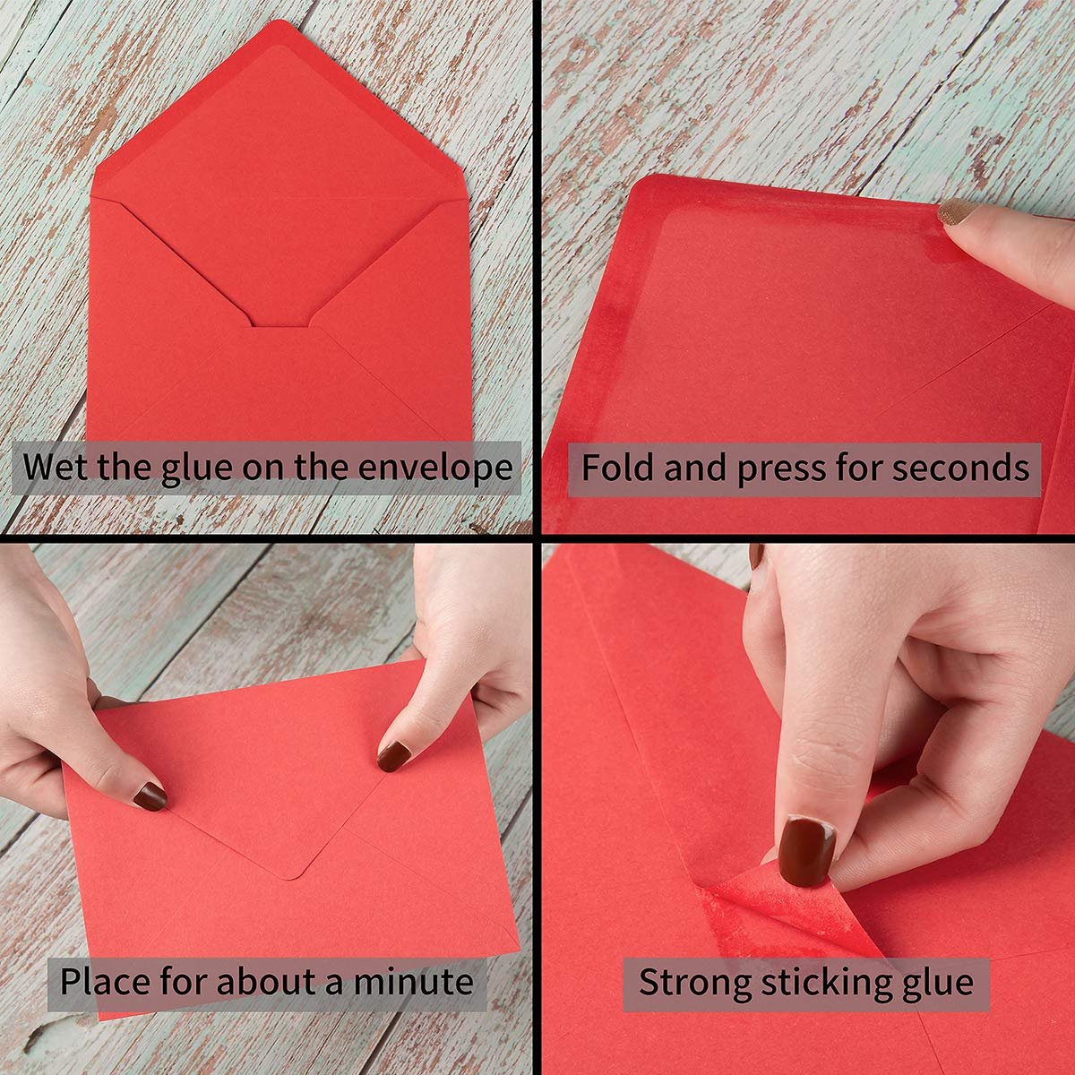 Four panels showing how to seal a red envelope: wetting glue, folding, holding, and showing strong sticking glue.