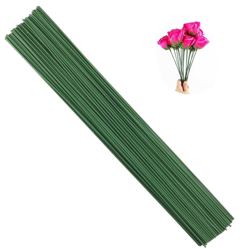 Bundle of 16-inch dark green floral stem wires on a white background, with a small inset showing a hand holding a bouquet of pink roses.