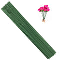 Bundle of 16-inch dark green floral stem wires on a white background, with a small inset showing a hand holding a bouquet of pink roses.