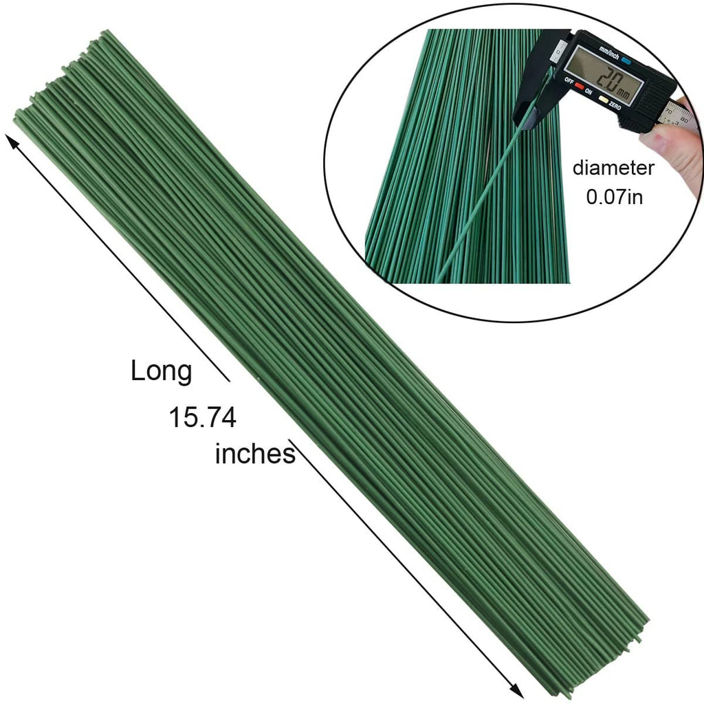 Bundle of dark green floral stem wires, 15.74 inches long, with a close-up showing diameter measured at 2.0mm or 0.07in.