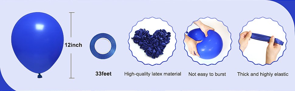 Royal blue latex balloons and ribbon, with callouts for size and material properties.