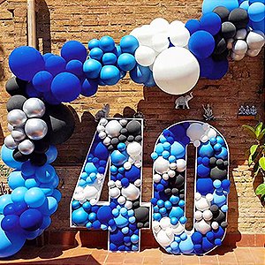 Balloon arch and number 40 decoration in royal blue, black, white, and silver balloons.