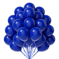 Cluster of 50 royal blue latex balloons with curled ribbons against a white background.