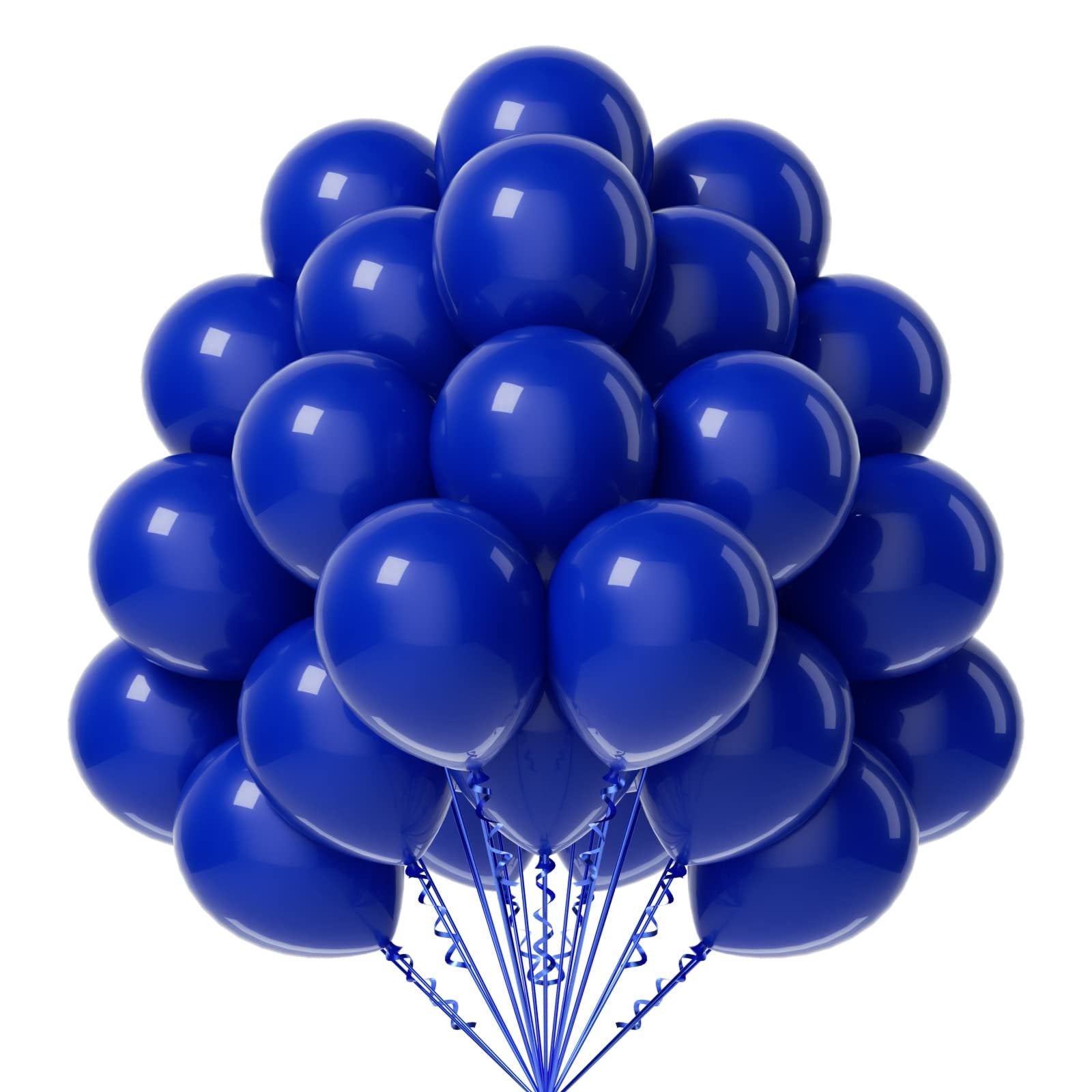 Cluster of 50 royal blue latex balloons with curled ribbons against a white background.