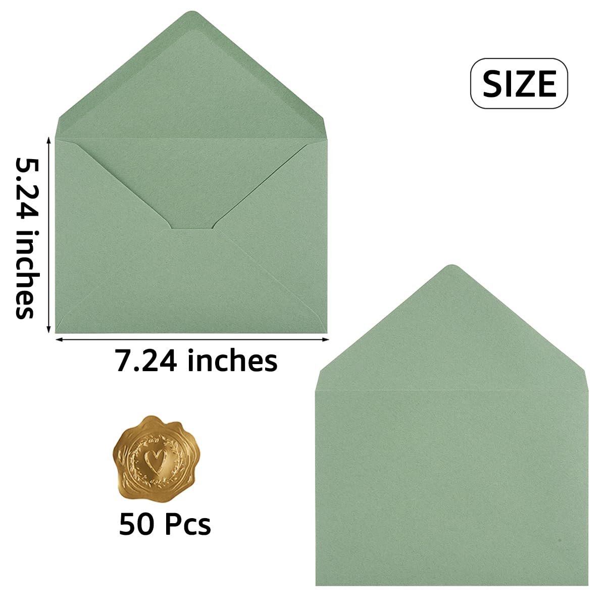 Sage-green A7 envelopes shown from front and back, with dimensions and gold stickers.