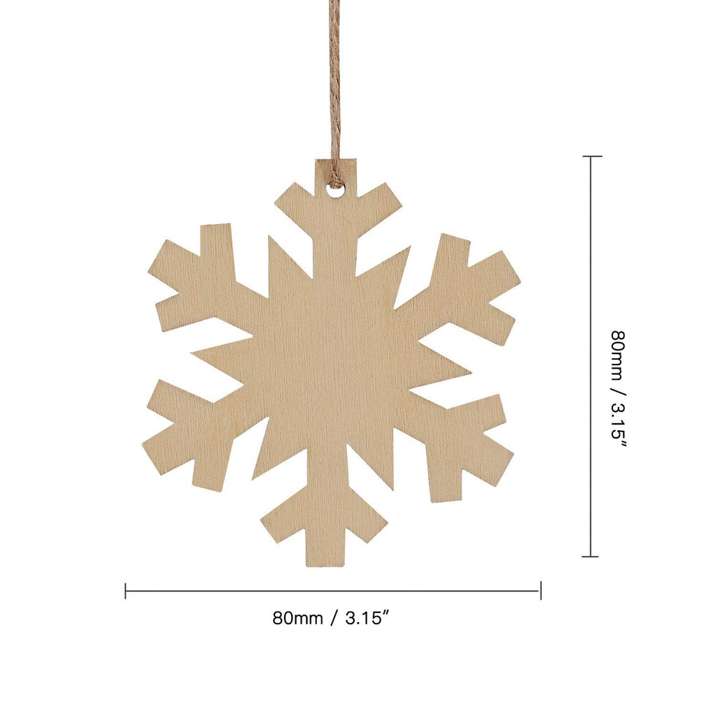 Unfinished wooden snowflake ornament hanging by twine, with dimensions indicated.