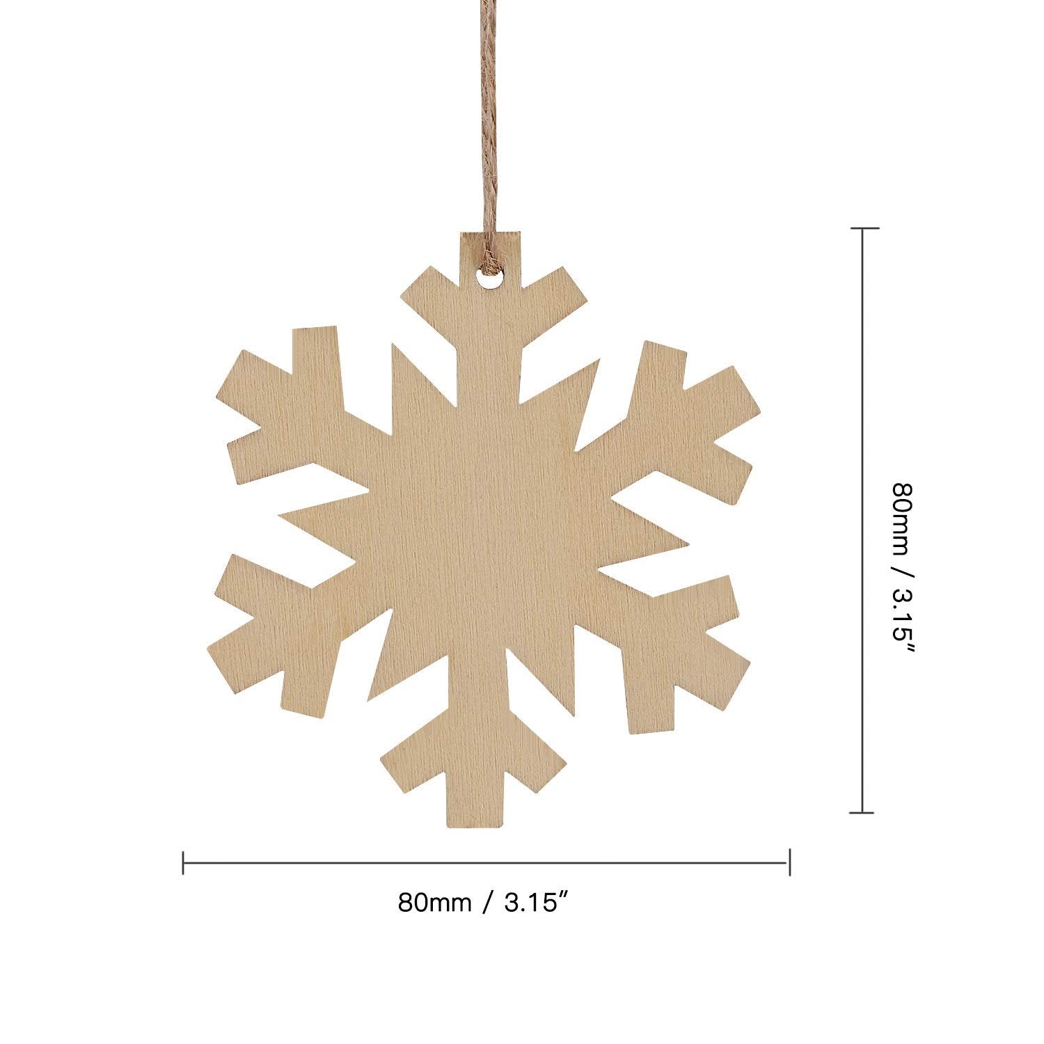 Unfinished wooden snowflake ornament hanging by twine, with dimensions indicated.